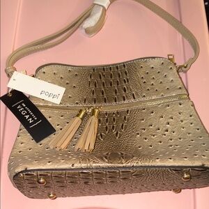 Poppi Vegan Leather, Textured Gold and Brown Crossbody Bag